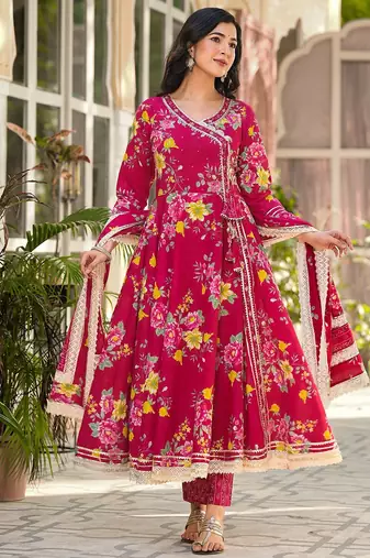 Floral Printed Gotta Patti Pure Cotton Angrakha Kurta With Trousers & Dupatta