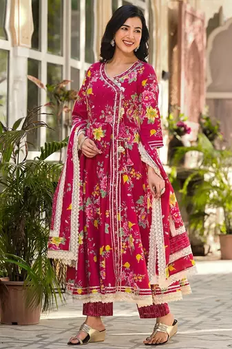 Floral Printed Gotta Patti Pure Cotton Angrakha Kurta With Trousers & Dupatta