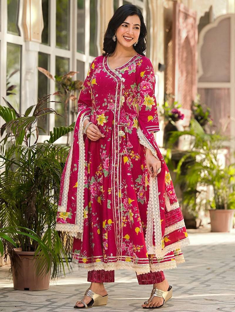 Floral Printed Gotta Patti Pure Cotton Angrakha Kurta With Trousers & Dupatta