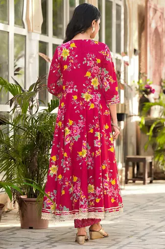 Floral Printed Gotta Patti Pure Cotton Angrakha Kurta With Trousers & Dupatta