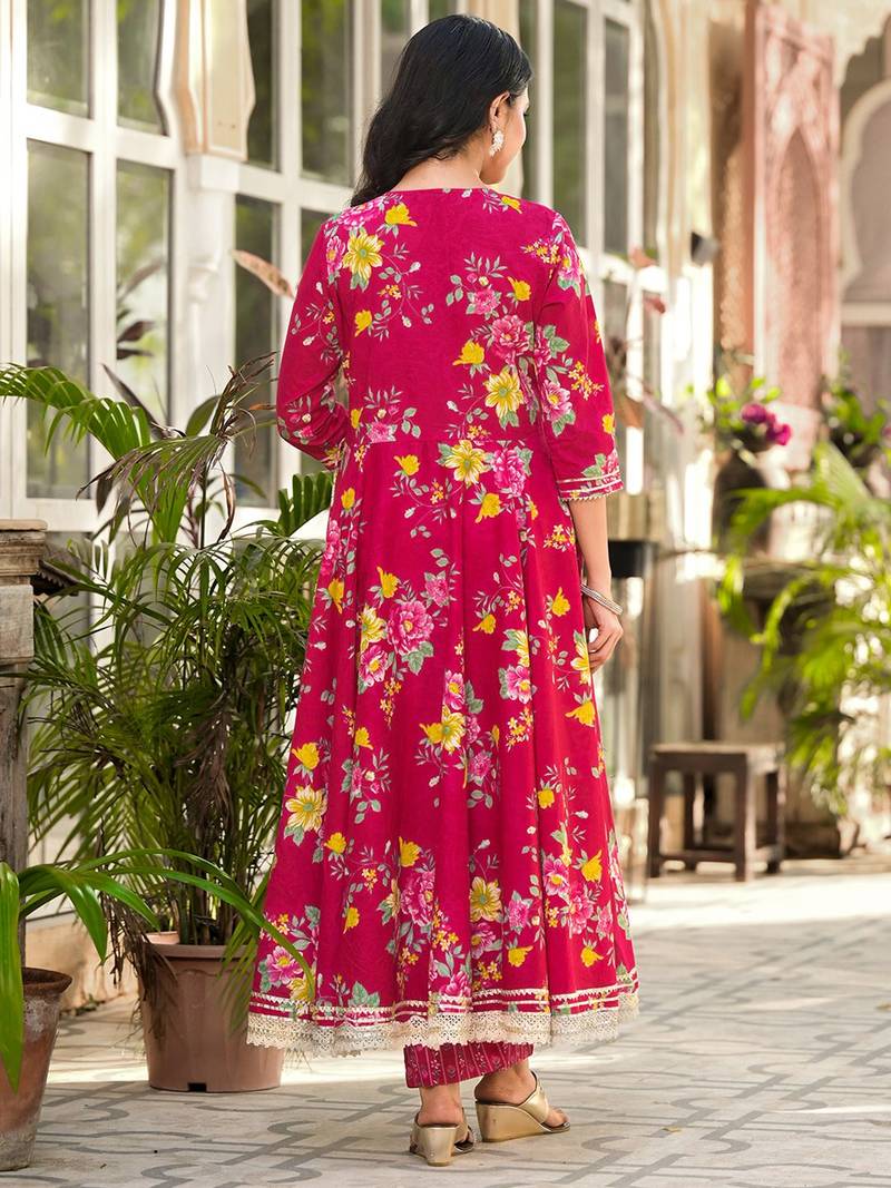 Floral Printed Gotta Patti Pure Cotton Angrakha Kurta With Trousers & Dupatta
