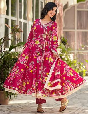 Floral Printed Gotta Patti Pure Cotton Angrakha Kurta With Trousers & Dupatta 7