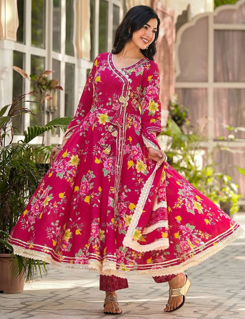Floral Printed Gotta Patti Pure Cotton Angrakha Kurta With Trousers & Dupatta