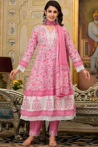 Floral Printed Panelled Pure Cotton Kurta with Trouser & Dupatta