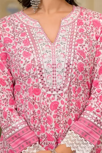 Floral Printed Panelled Pure Cotton Kurta with Trouser & Dupatta