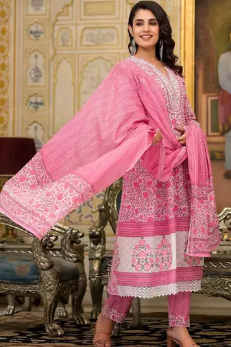 Floral Printed Panelled Pure Cotton Kurta with Trouser & Dupatta