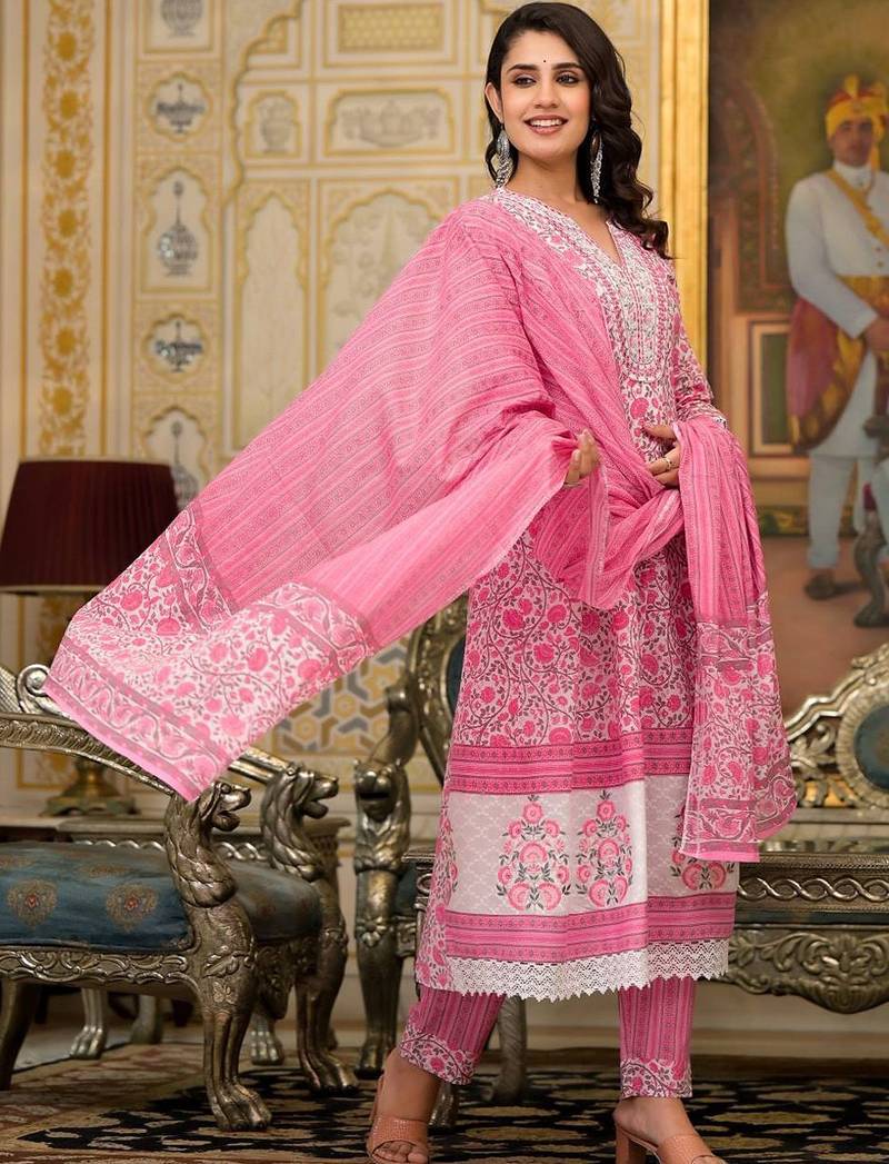 Floral Printed Panelled Pure Cotton Kurta with Trouser & Dupatta