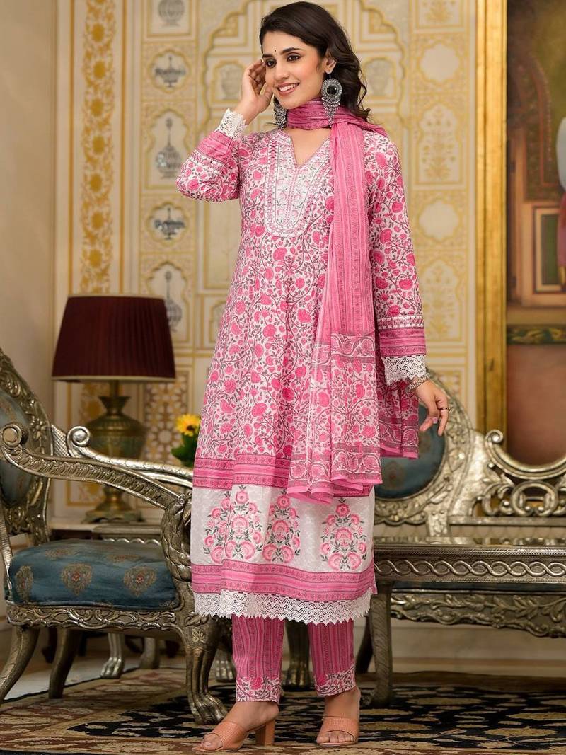 Floral Printed Panelled Pure Cotton Kurta with Trouser & Dupatta