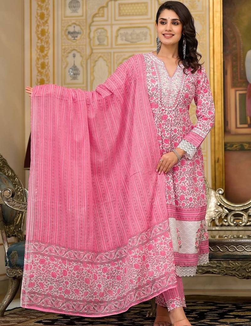 Floral Printed Panelled Pure Cotton Kurta with Trouser & Dupatta