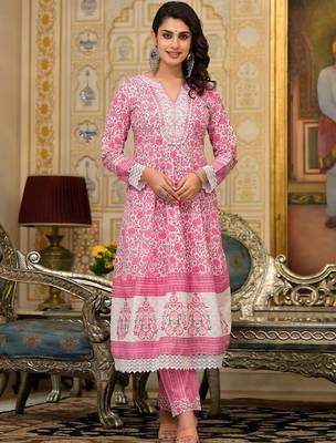 Floral Printed Panelled Pure Cotton Kurta with Trouser & Dupatta 7