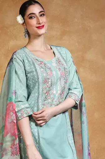 Floral Embroidered Thread Work Pure Cotton Straight Kurta With Trousers & Dupa