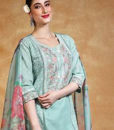 Floral Embroidered Thread Work Pure Cotton Straight Kurta With Trousers & Dupa
