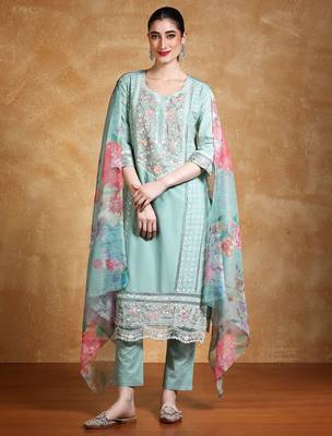 Floral Embroidered Thread Work Pure Cotton Straight Kurta With Trousers & Dupa 1