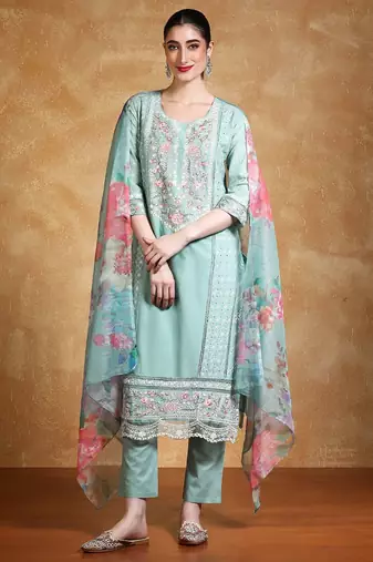 Floral Embroidered Thread Work Pure Cotton Straight Kurta With Trousers & Dupa