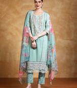 Floral Embroidered Thread Work Pure Cotton Straight Kurta With Trousers & Dupa