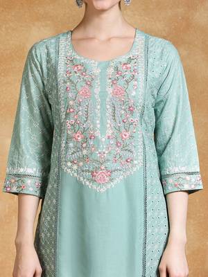 Floral Embroidered Thread Work Pure Cotton Straight Kurta With Trousers & Dupa 3
