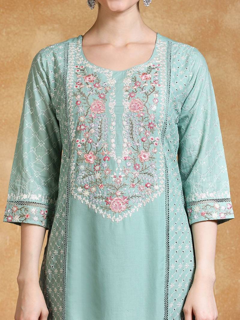 Floral Embroidered Thread Work Pure Cotton Straight Kurta With Trousers & Dupa