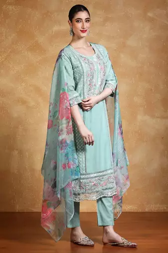 Floral Embroidered Thread Work Pure Cotton Straight Kurta With Trousers & Dupa
