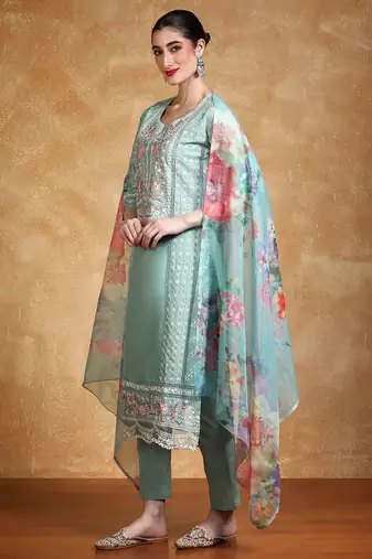 Floral Embroidered Thread Work Pure Cotton Straight Kurta With Trousers & Dupa