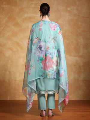 Floral Embroidered Thread Work Pure Cotton Straight Kurta With Trousers & Dupa 6