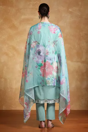 Floral Embroidered Thread Work Pure Cotton Straight Kurta With Trousers & Dupa