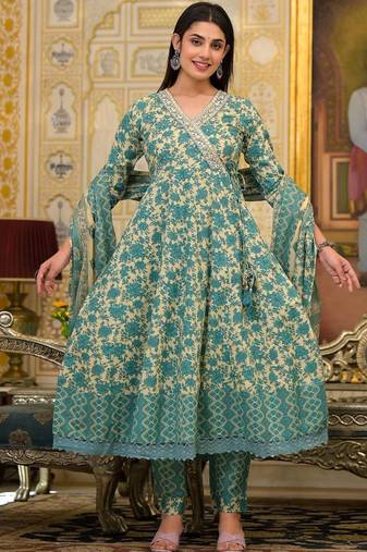 Ethnic Motifs Printed Mirror Work Pure Cotton Kurta with Trousers & Dupatta