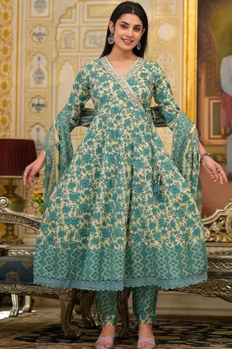 Ethnic Motifs Printed Mirror Work Pure Cotton Kurta with Trousers & Dupatta