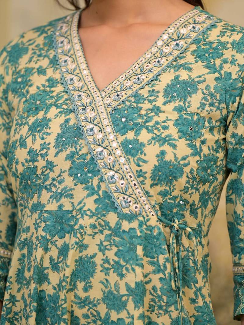 Ethnic Motifs Printed Mirror Work Pure Cotton Kurta with Trousers & Dupatta