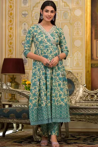 Ethnic Motifs Printed Mirror Work Pure Cotton Kurta with Trousers & Dupatta