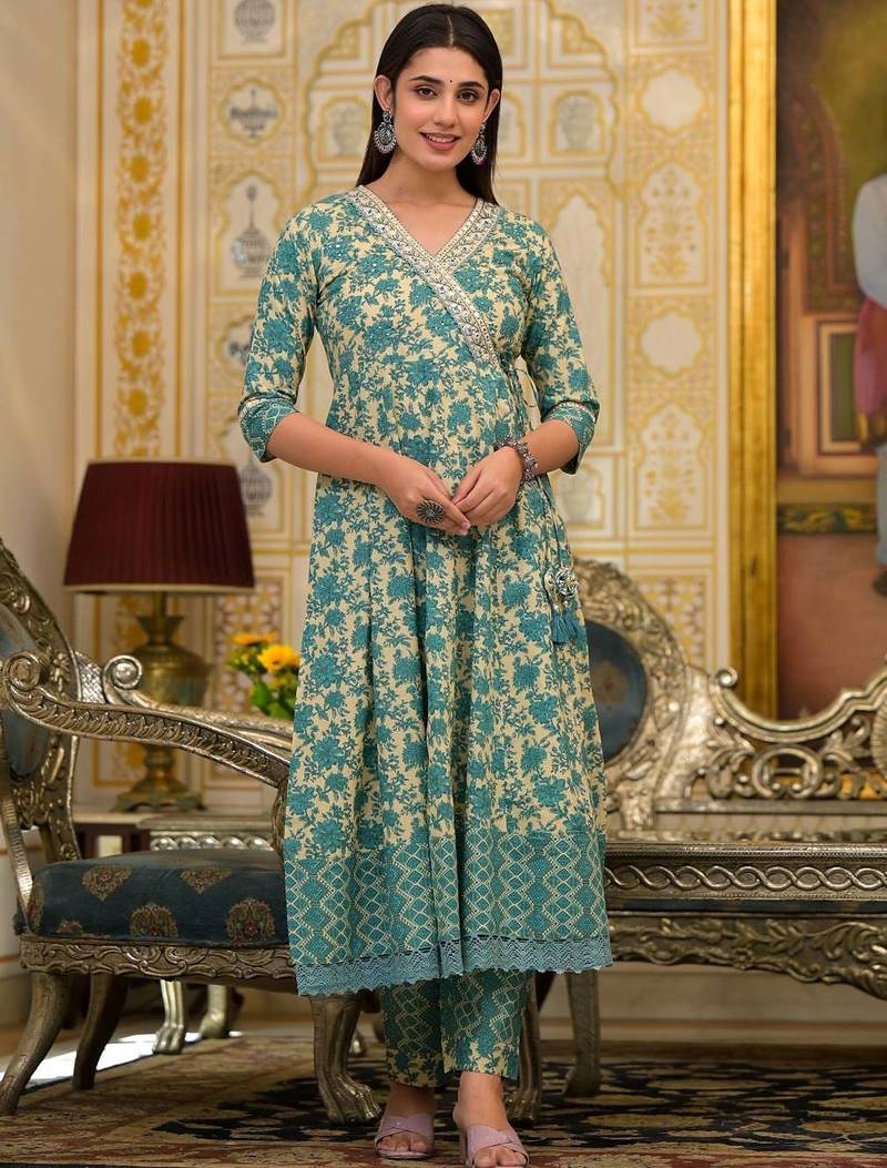 Ethnic Motifs Printed Mirror Work Pure Cotton Kurta with Trousers & Dupatta