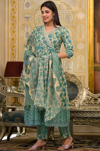 Ethnic Motifs Printed Mirror Work Pure Cotton Kurta with Trousers & Dupatta