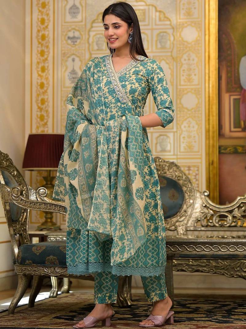 Ethnic Motifs Printed Mirror Work Pure Cotton Kurta with Trousers & Dupatta