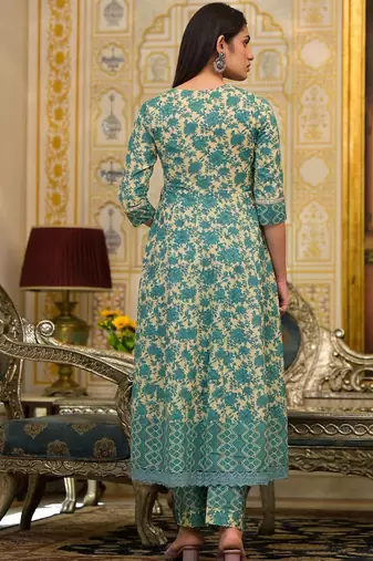 Ethnic Motifs Printed Mirror Work Pure Cotton Kurta with Trousers & Dupatta