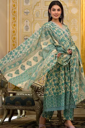 Ethnic Motifs Printed Mirror Work Pure Cotton Kurta with Trousers & Dupatta