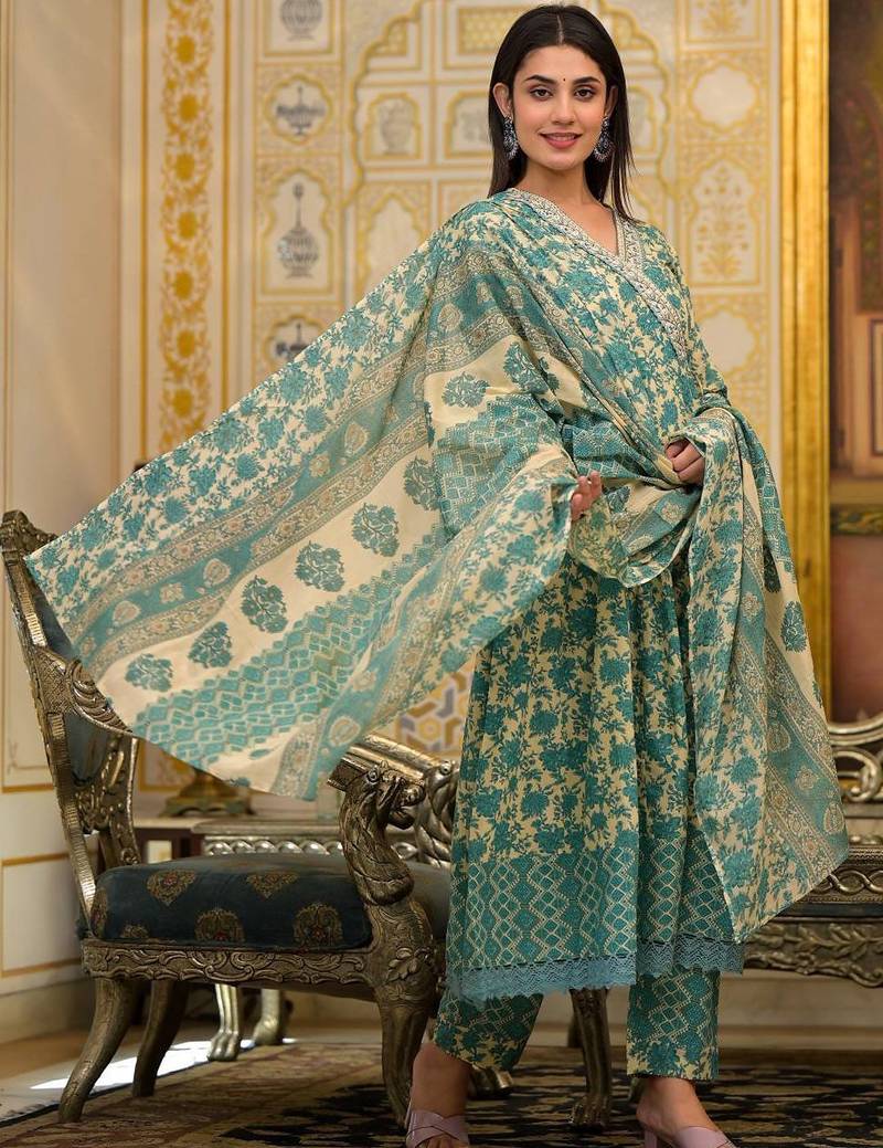 Ethnic Motifs Printed Mirror Work Pure Cotton Kurta with Trousers & Dupatta