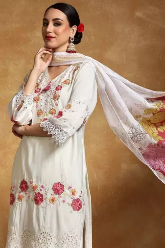 Women Floral Embroidered Regular Thread Work Pure Cotton Kurta with Trousers & With Dupatta
