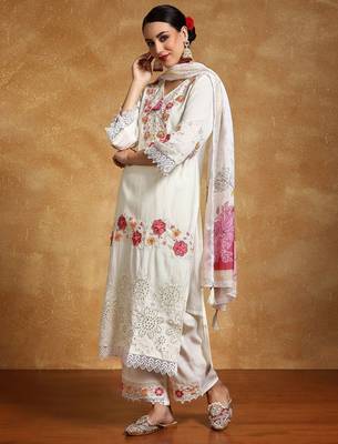 Women Floral Embroidered Regular Thread Work Pure Cotton Kurta with Trousers & With Dupatta 1