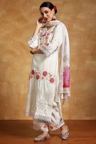 Women Floral Embroidered Regular Thread Work Pure Cotton Kurta with Trousers & With Dupatta