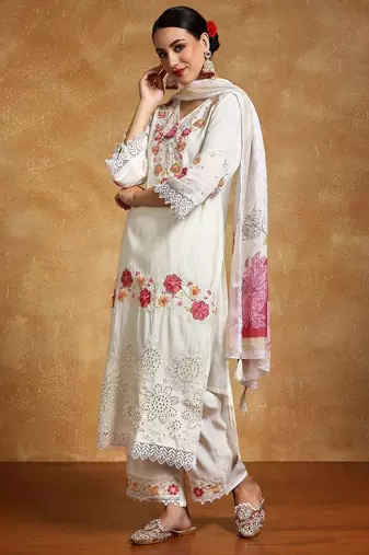 Women Floral Embroidered Regular Thread Work Pure Cotton Kurta with Trousers & With Dupatta