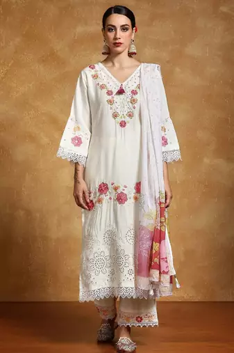 Women Floral Embroidered Regular Thread Work Pure Cotton Kurta with Trousers & With Dupatta