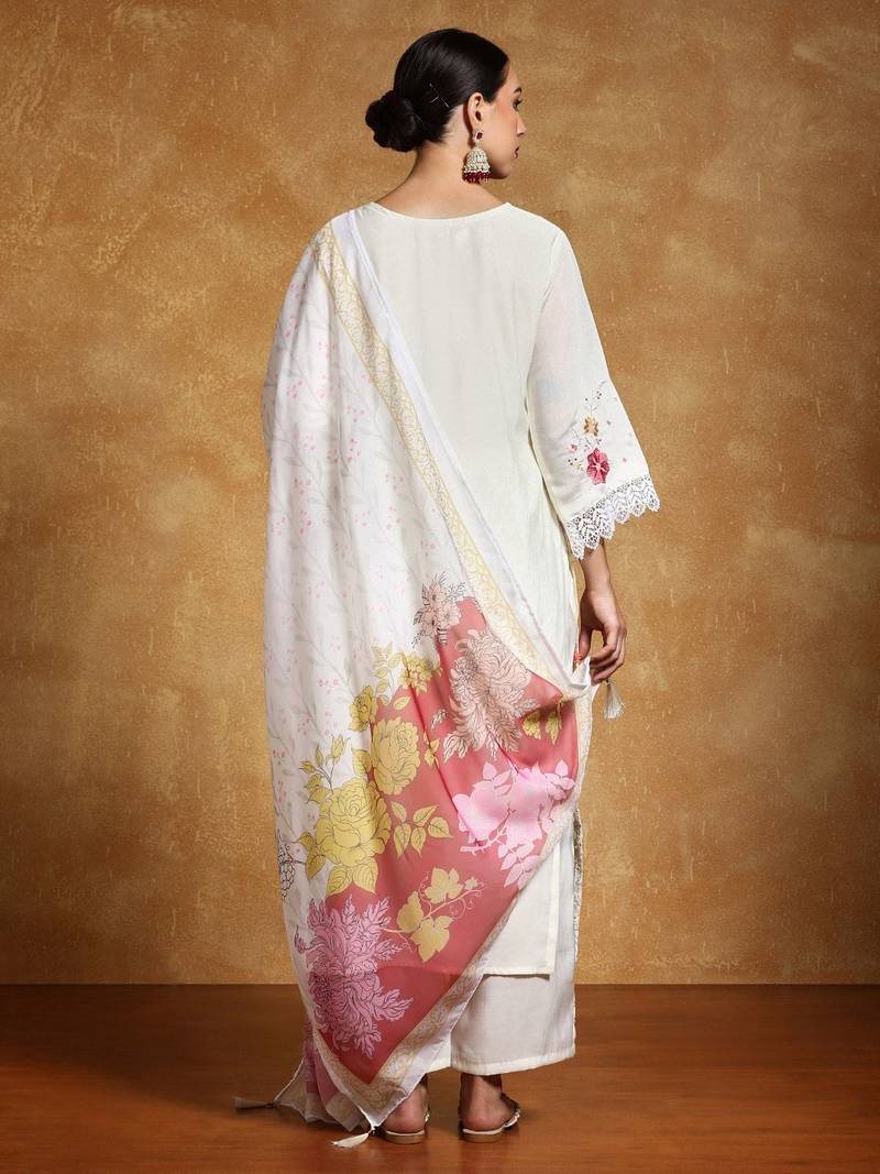 Women Floral Embroidered Regular Thread Work Pure Cotton Kurta with Trousers & With Dupatta