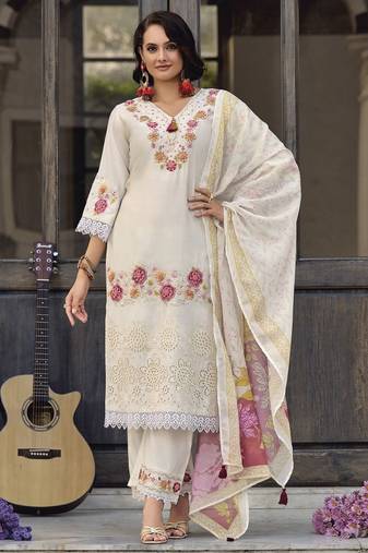Women Floral Embroidered Regular Thread Work Pure Cotton Kurta with Trousers & With Dupatta