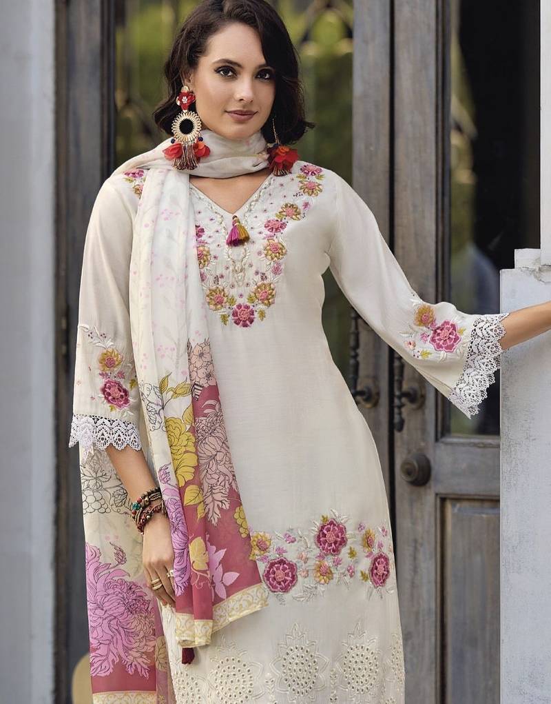 Women Floral Embroidered Regular Thread Work Pure Cotton Kurta with Trousers & With Dupatta