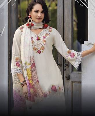 Women Floral Embroidered Regular Thread Work Pure Cotton Kurta with Trousers & With Dupatta 6