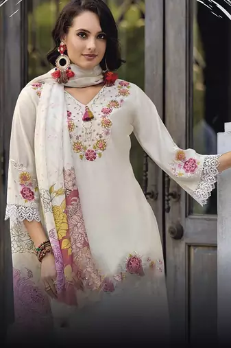 Women Floral Embroidered Regular Thread Work Pure Cotton Kurta with Trousers & With Dupatta