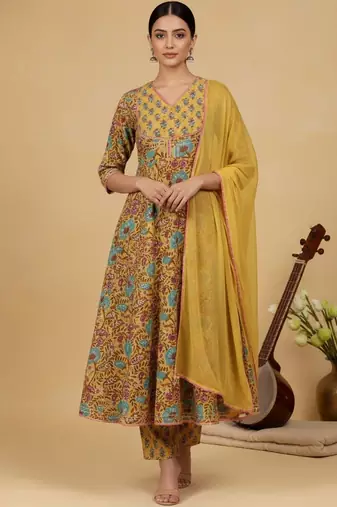 Women Floral Printed Empire Pure Cotton Kurta with Trousers & With Dupatta