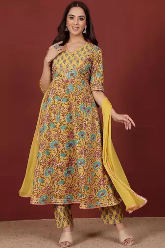 Women Floral Printed Empire Pure Cotton Kurta with Trousers & With Dupatta