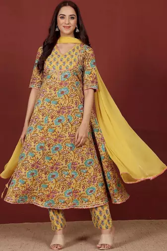 Women Floral Printed Empire Pure Cotton Kurta with Trousers & With Dupatta