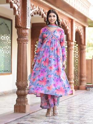 Floral Printed Mirror Embroidered Alia-Cut Gather Detail A-Line Kurta With Dupatta 1