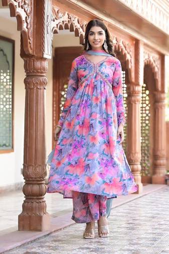 Floral Printed Mirror Embroidered Alia-Cut Gather Detail A-Line Kurta With Dupatta